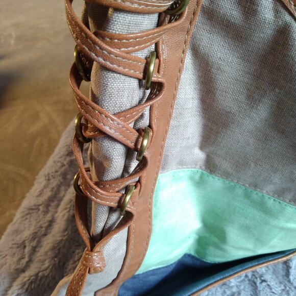 Twiggy London Shoulder Bag Cotton/Linen Vegan Leather Blue Green Beige *FLAWS* - Picture 6 of 16